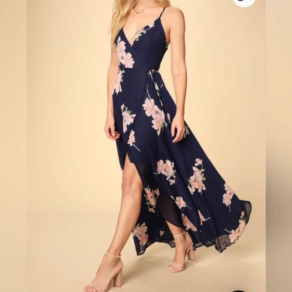 Floral Maxi Dress in Navy Blue LULUS
